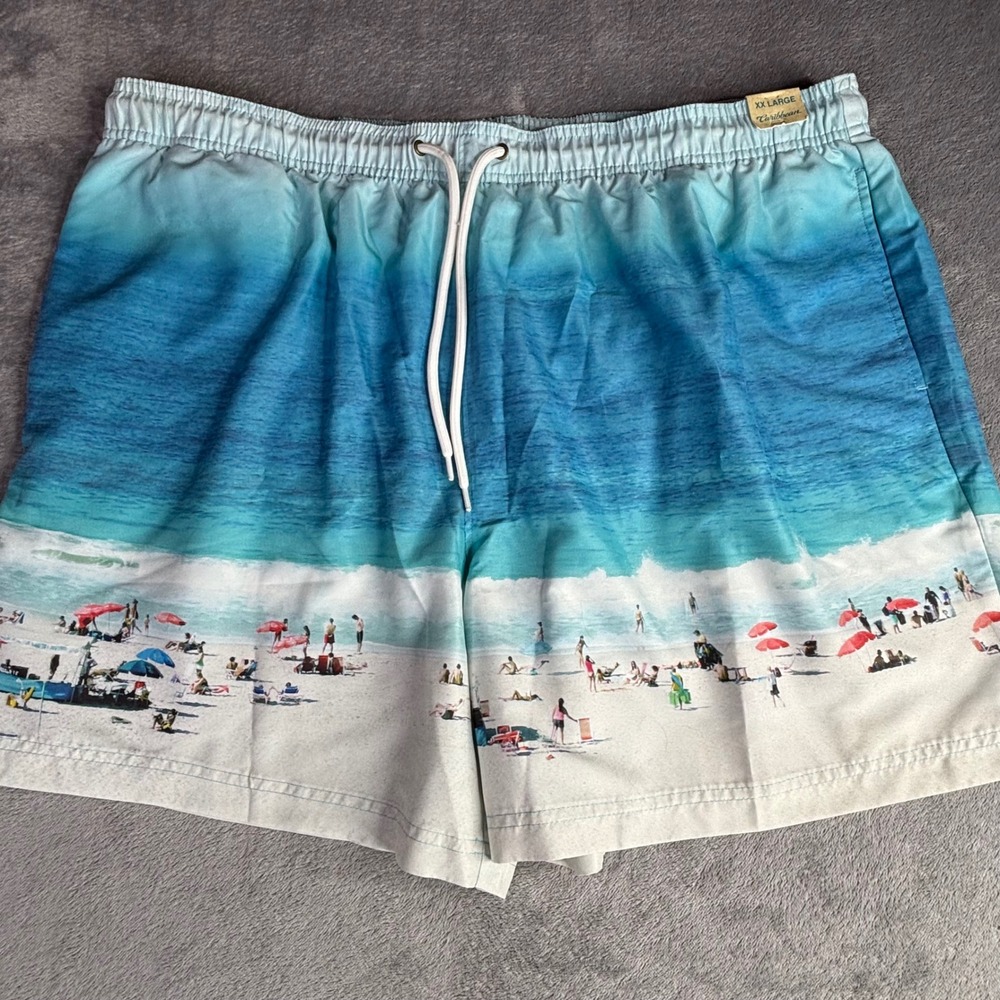 Caribbean Swim Trunks Men XXL Blue Beach Graphic Print Mesh Lined Drawstring
